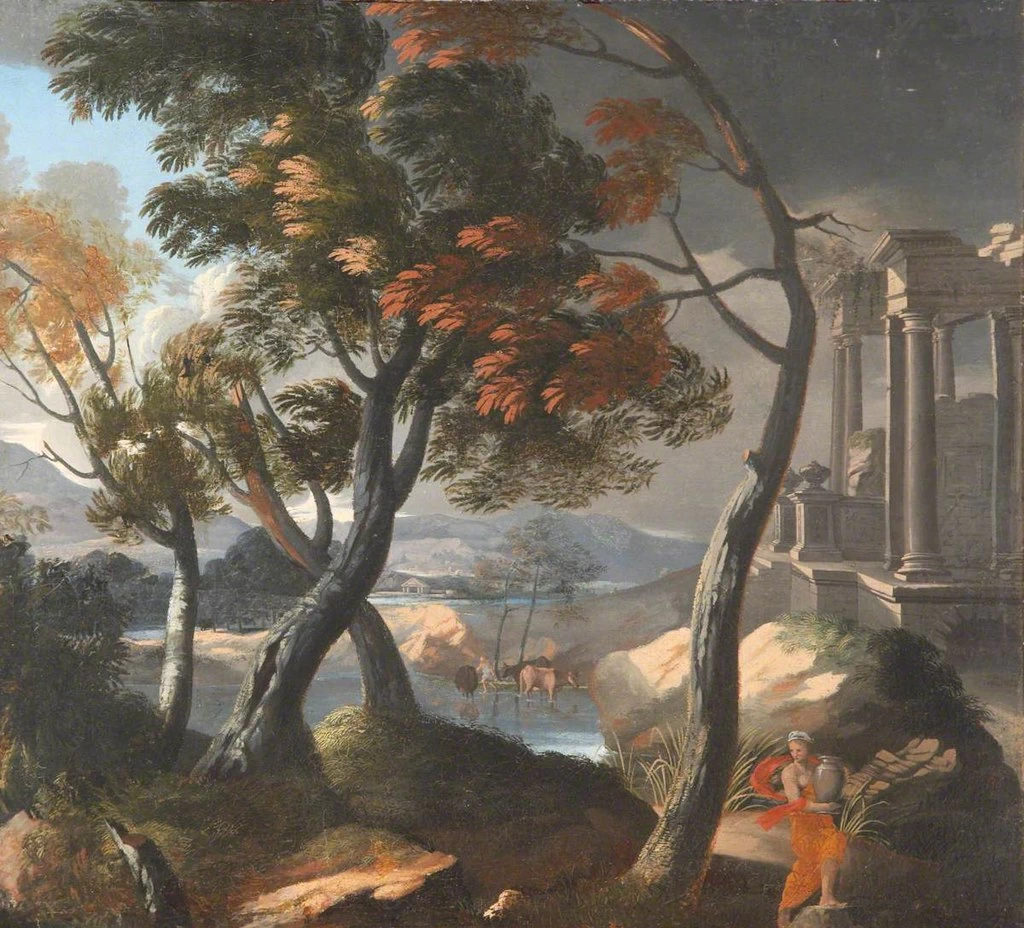 Un paesaggio fluviale con un tempio in rovina, alberi e una donna con una brocca - National Trust
